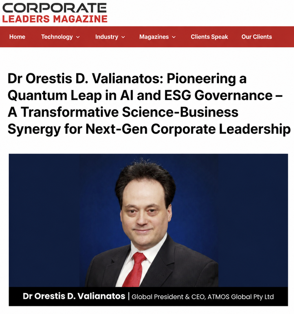 Corporate Leaders Magazine profile of Dr. Orestis D. Valianatos