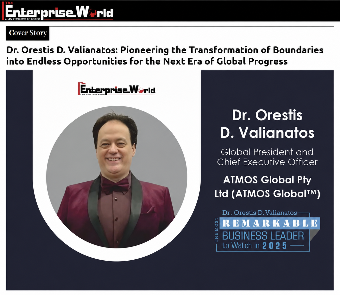 The Enterprise World Magazine cover story profile of Dr. Orestis D. Valianatos