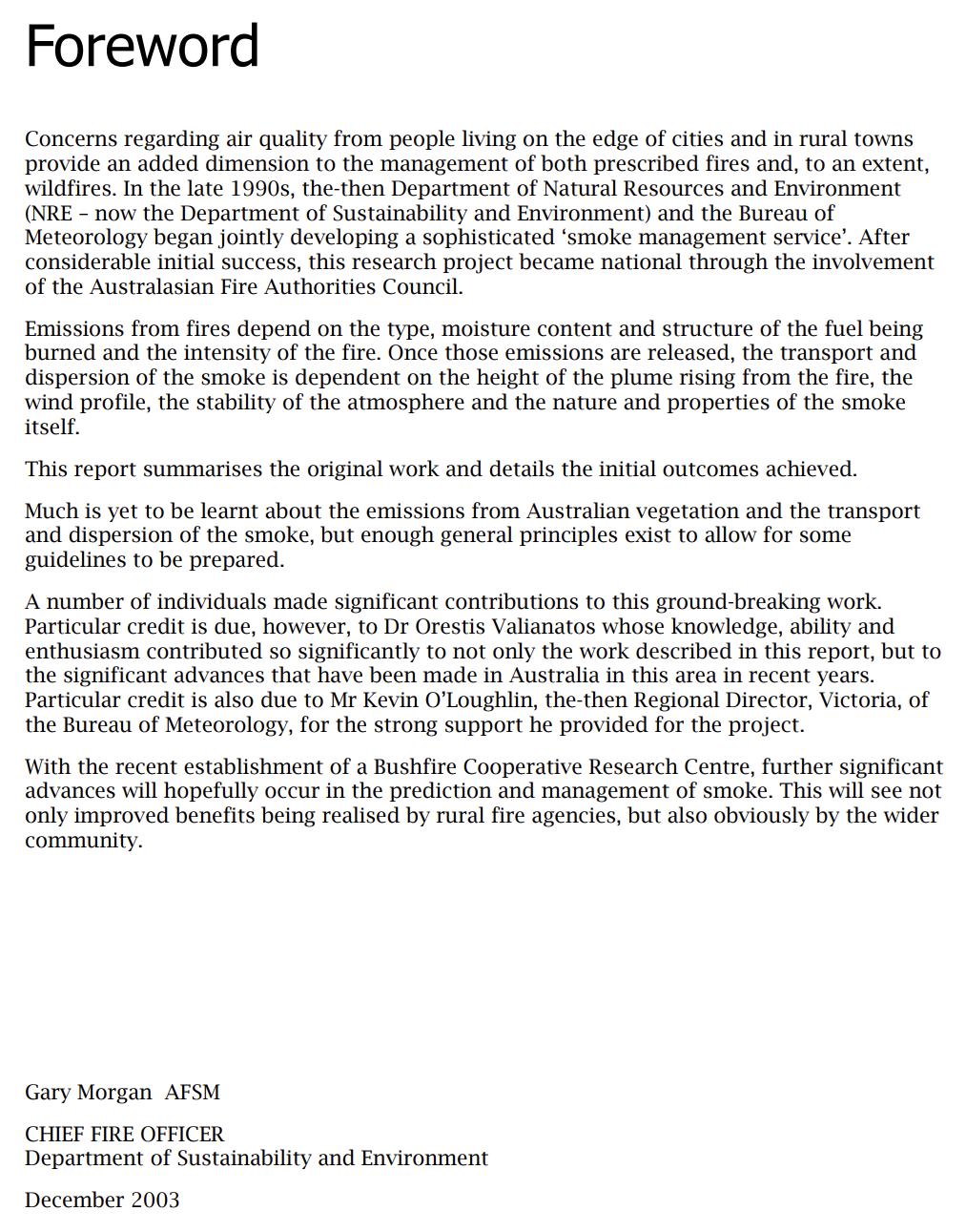 Foreword to the smoke forecasting report by Gary Morgan AFSM